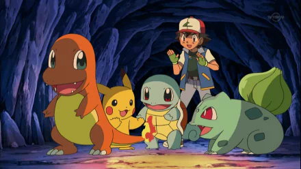 HD desktop wallpaper featuring Ash Ketchum and his Pokémon: Charmander, Pikachu, Squirtle, and Bulbasaur, in an adventurous anime scene inside a cave.