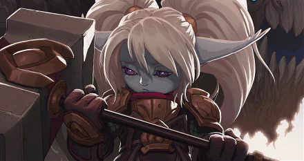 An HD desktop wallpaper featuring Poppy from League of Legends, wielding a hammer with a determined expression, embodying her strong and resilient character from the video game.