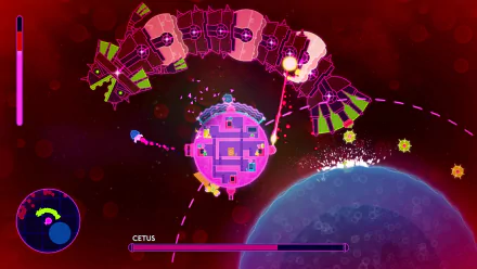 HD wallpaper from Lovers in a Dangerous Spacetime featuring vibrant gameplay with a spaceship near a planet.