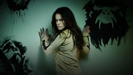 HD PC desktop wallpaper featuring a dark, intense scene from the TV show 12 Monkeys, with a woman pressing against a wall covered in ominous black handprints.