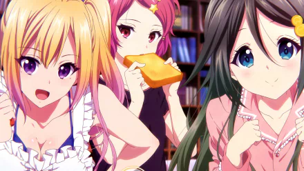 HD desktop wallpaper featuring Reina Izumi, Koito Minase, and Mai Kawakami from the anime Myriad Colors Phantom World.