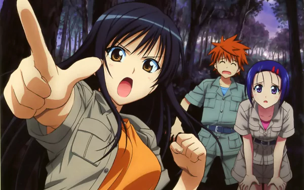 Anime characters Yui Kotegawa, Haruna Sairenji, and Rito Yuuki from To Love-Ru are depicted in a forest setting. Yui, with long brown hair, is pointing, while Haruna and Rito react with surprise.