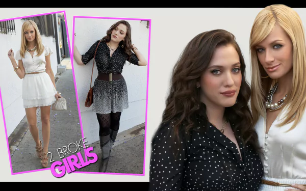 HD desktop wallpaper featuring Kat Dennings and Beth Behrs from the TV show 2 Broke Girls, showcasing both casual and styled looks of the lead actresses.