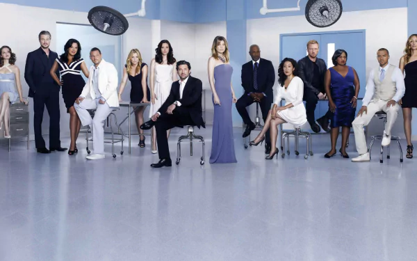A high-definition desktop wallpaper featuring the main cast of the TV show Grey's Anatomy, with the characters standing and sitting in a hospital setting, dressed in elegant attire.