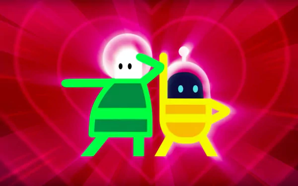 HD desktop wallpaper and background featuring characters from the game Lovers in a Dangerous Spacetime with a vibrant pink heart motif.