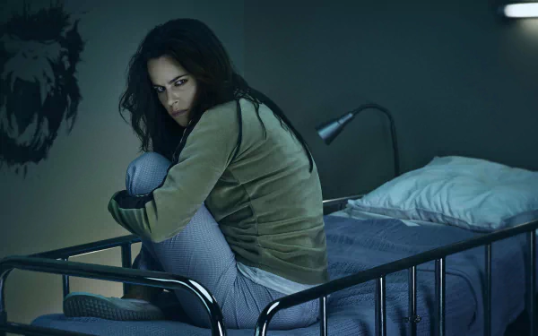 A still from the TV show 12 Monkeys, featuring a character sitting on a hospital bed, looking contemplative against a dimly lit background. A lion mural is visible on the wall.