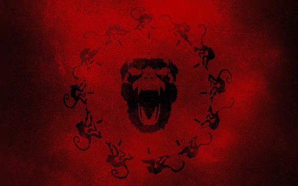 HD PC desktop wallpaper featuring a red-themed design with a roaring monkey head encircled by smaller monkeys, inspired by the TV show 12 Monkeys.