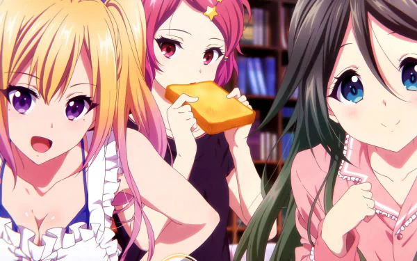 HD desktop wallpaper featuring Reina Izumi, Koito Minase, and Mai Kawakami from the anime Myriad Colors Phantom World.
