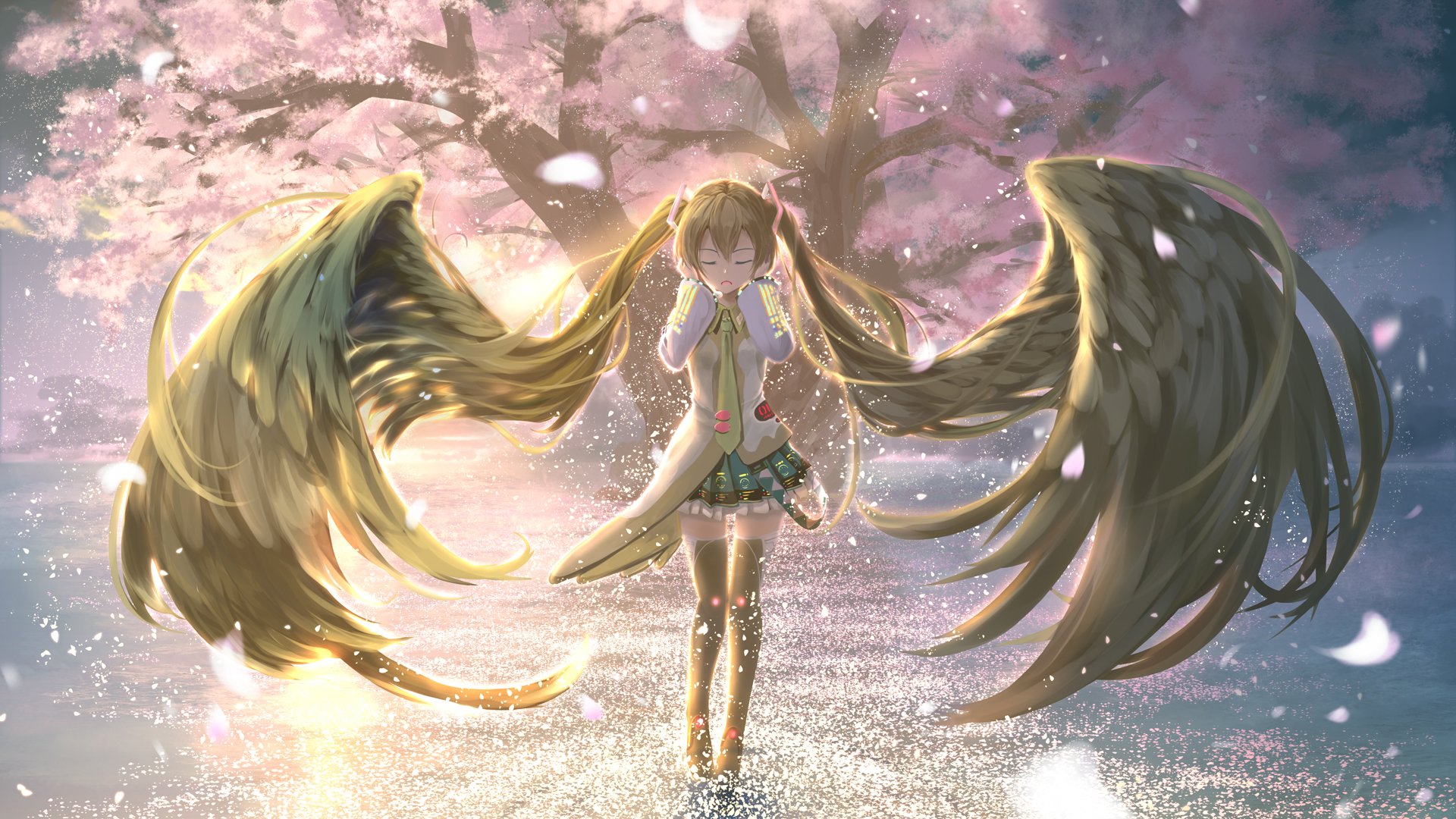 A stunning HD wallpaper featuring Hatsune Miku, the popular Vocaloid, standing in a serene landscape with flowing wings and cherry blossoms, creating a magical anime scene.