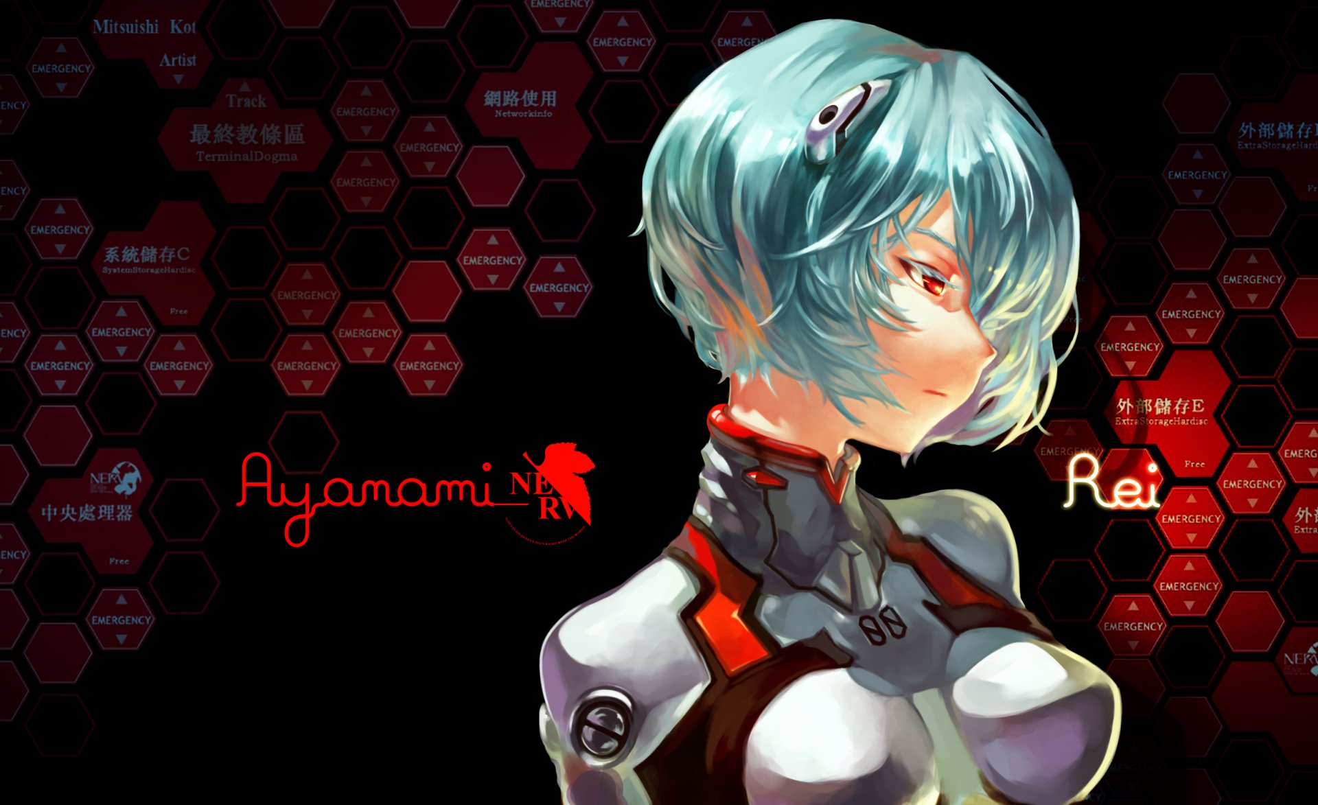 High-definition wallpaper featuring Rei Ayanami from Neon Genesis Evangelion, showcasing her iconic blue hair and distinctive plug suit against a dynamic background.