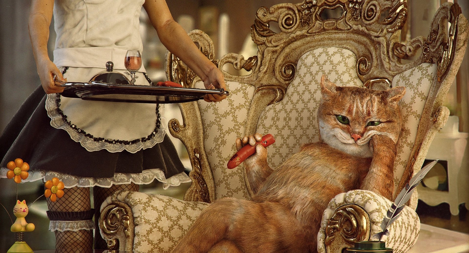 A whimsical scene featuring a cat lounging in a lavish chair, holding a drink, as a maid offers a tray, blending humor and fantasy with a touch of fishnet style.