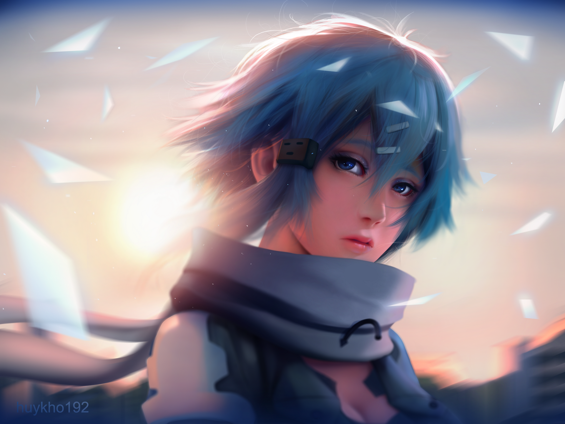 A vibrant HD wallpaper featuring Shino Asada from Sword Art Online II, showcasing her striking blue hair and eyes against a backdrop of soft light and floating shards.