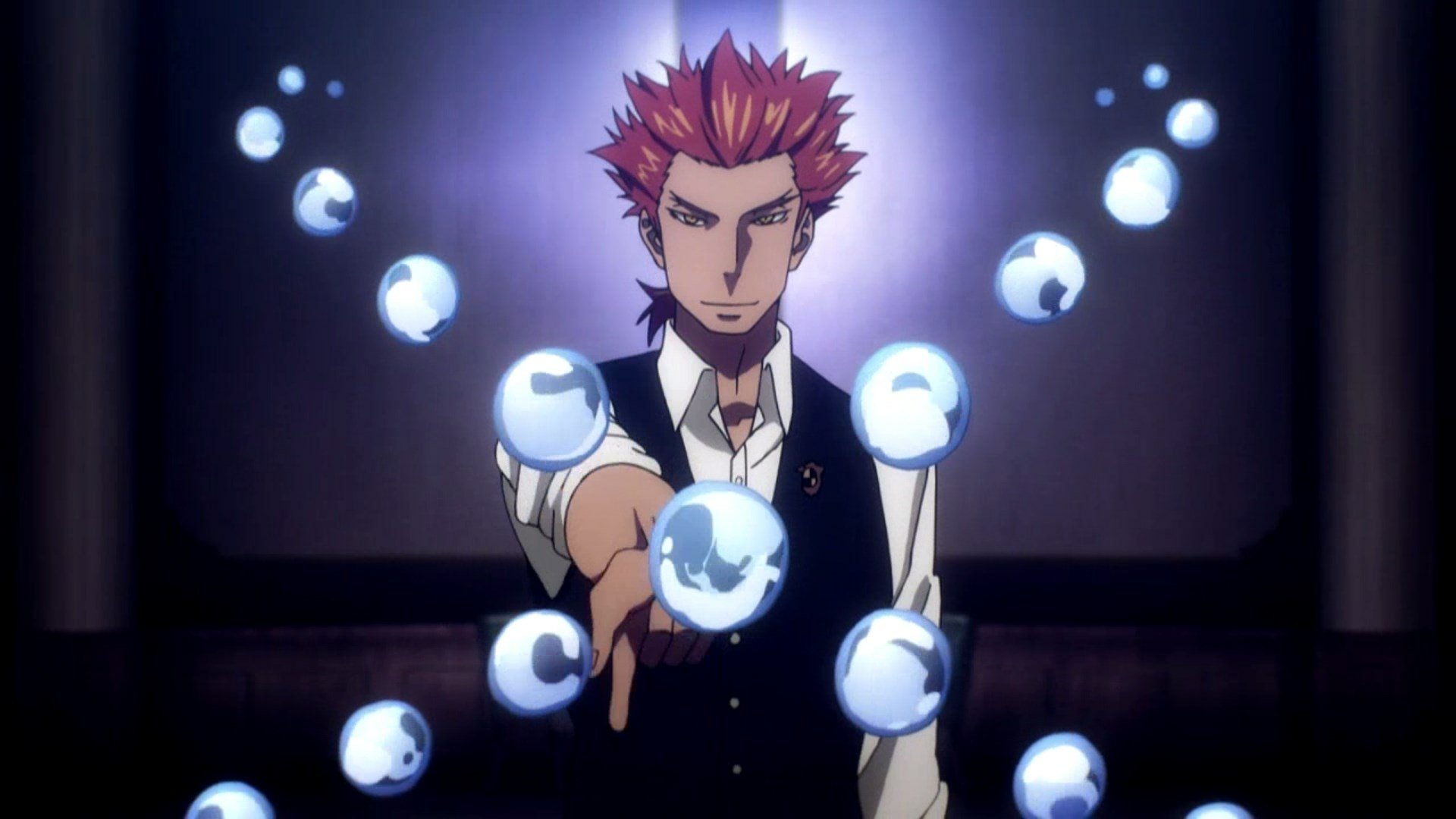 HD wallpaper of Ginti from Death Parade with red hair, yellow eyes, smiling while surrounded by floating water orbs.