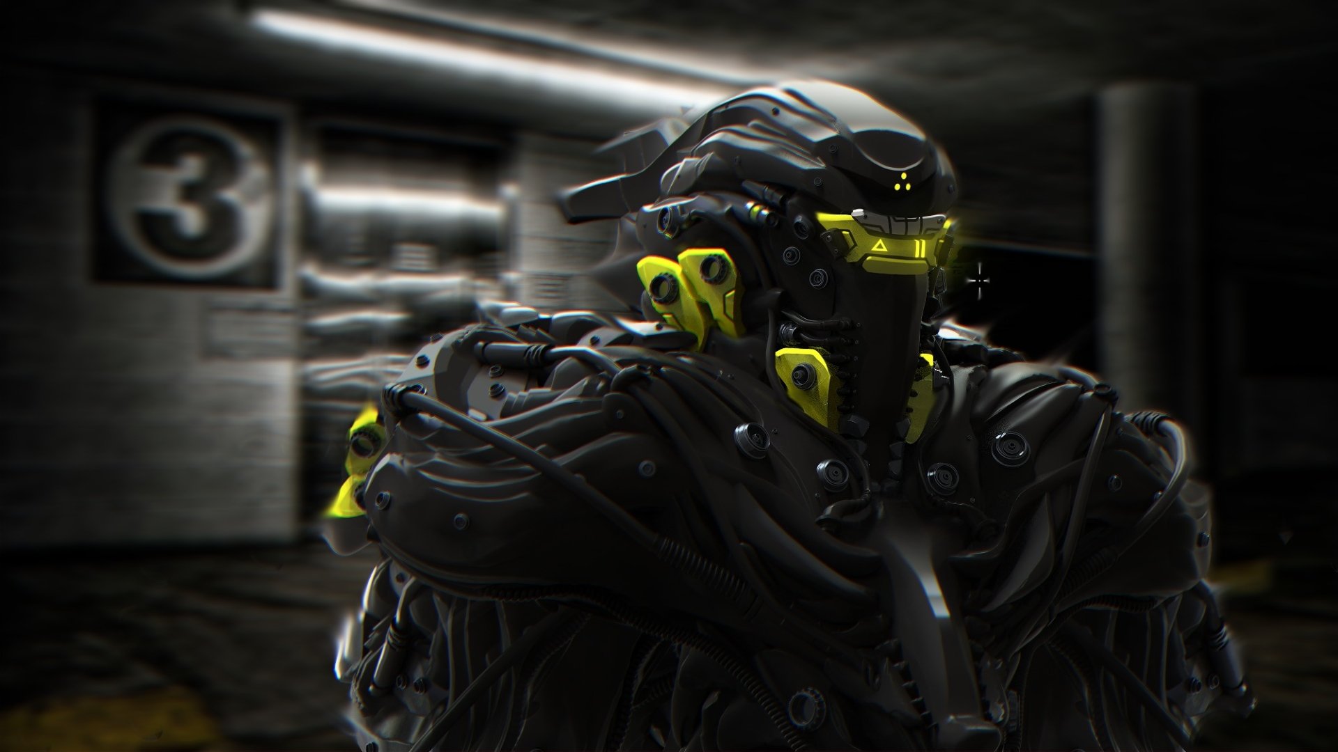 A futuristic robot in sleek black armor and a helmet, set against a dark, industrial background, showcasing a sci-fi aesthetic in HD.