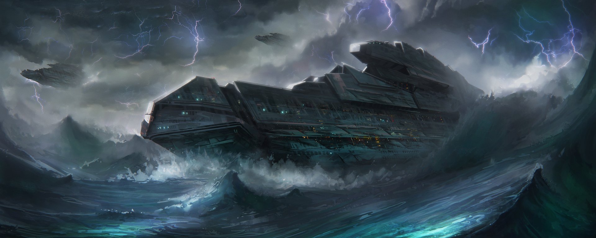 A dramatic sci-fi scene features a massive spaceship battling towering ocean waves under a stormy sky illuminated by lightning, creating a striking HD desktop wallpaper.