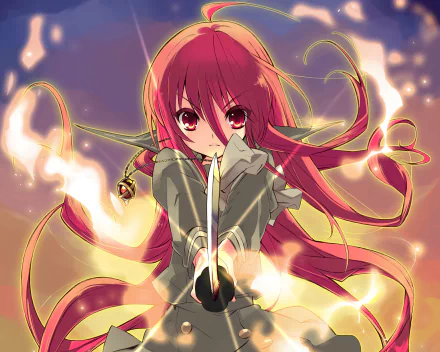 A striking 4K Ultra HD wallpaper featuring Shana from Shakugan No Shana, wielding a sword with long pink hair and pink eyes surrounded by swirling flames.