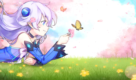 A serene scene featuring Lu from Elsword, with white hair and blue attire, gently reaching for a butterfly among cherry blossoms and colorful flowers in a grassy field.