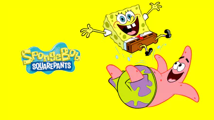A vibrant HD wallpaper featuring Patrick Star and SpongeBob SquarePants, showcasing their playful friendship against a bright yellow background.