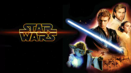 A vibrant HD wallpaper featuring iconic Star Wars characters from Episode II: Attack of the Clones, including Obi-Wan Kenobi, Anakin Skywalker, Padmé Amidala, and Yoda, with a glowing lightsaber.