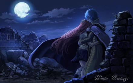 Anime wallpaper featuring Jellal Fernandes and Erza Scarlet from Fairy Tail, gazing at the moon in a desolate landscape. The image has a winter theme with Winter Greetings text in the corner.