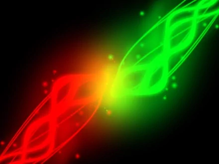 An artistic HD desktop wallpaper featuring intertwining red and green designs against a dark background, creating a vibrant and dynamic visual effect.