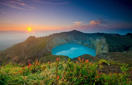 Sunrise over a vibrant flower-filled landscape overlooking a serene lake in the Azores, Portugal, captured in vivid HD for a stunning desktop wallpaper.