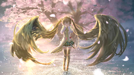 A stunning HD wallpaper featuring Hatsune Miku, the popular Vocaloid, standing in a serene landscape with flowing wings and cherry blossoms, creating a magical anime scene.