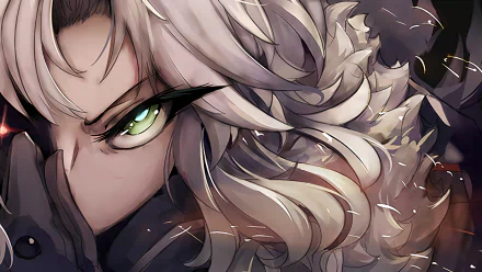 Close-up of an original anime character with striking green eyes and flowing silver hair, designed as an HD PC desktop wallpaper and background.