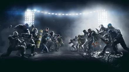 HD desktop wallpaper of Tom Clancy's Rainbow Six: Siege featuring a standoff between two teams of heavily armed characters under bright stadium lights.