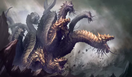 A powerful hydra creature with multiple fierce heads emerges dramatically, set against a dark, stormy background, creating a captivating fantasy atmosphere for your desktop wallpaper.