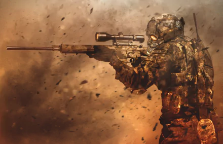 A soldier in camouflage aims a rifle in a dramatic, action-packed scene. The HD wallpaper captures the intensity of military operations and the precision of a sniper.