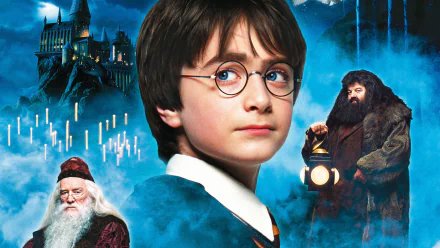 HD wallpaper featuring scenes from Harry Potter and the Philosopher's Stone, showcasing Harry Potter with Dumbledore, Hagrid, and the magical backdrop of Hogwarts.