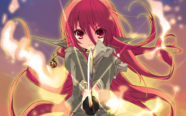 A striking 4K Ultra HD wallpaper featuring Shana from Shakugan No Shana, wielding a sword with long pink hair and pink eyes surrounded by swirling flames.