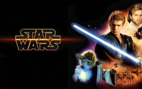A vibrant HD wallpaper featuring iconic Star Wars characters from Episode II: Attack of the Clones, including Obi-Wan Kenobi, Anakin Skywalker, Padmé Amidala, and Yoda, with a glowing lightsaber.