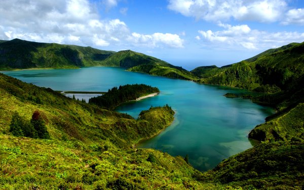 Nature Lake Lakes Grass Landscape Azores Portugal Furnas Lake HD Wallpaper | Background Image