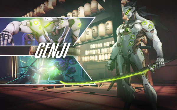 Genji from Overwatch stands in a vibrant setting with glowing elements, showcasing his agility and prowess. This HD wallpaper captures the essence of the character in the popular video game.