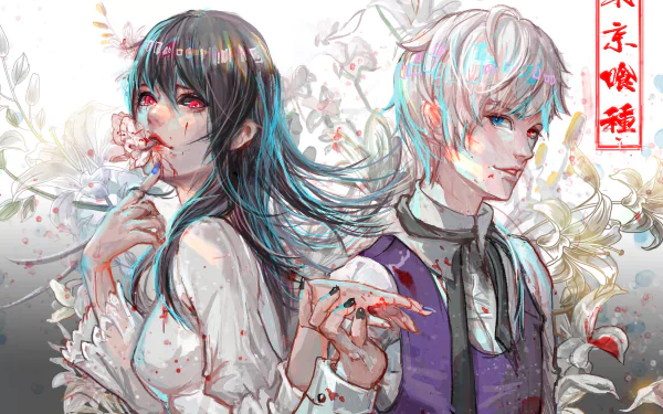 A vibrant HD wallpaper featuring Ken Kaneki and Rize Kamishiro from Tokyo Ghoul, surrounded by floral elements and a striking color palette, capturing the essence of the anime.