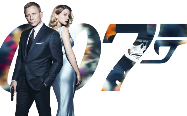 A striking HD wallpaper featuring Daniel Craig as James Bond alongside Léa Seydoux as Madeleine Swann, inspired by the movie Spectre, showcasing iconic 007 imagery.