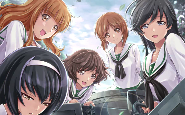 A vibrant HD wallpaper featuring characters from Girls und Panzer, showcasing Saori Takebe, Mako Reizei, Yukari Akiyama, Hana Isuzu, and Miho Nishizumi in military uniforms with varying hairstyles.