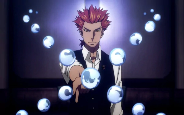 HD wallpaper of Ginti from Death Parade with red hair, yellow eyes, smiling while surrounded by floating water orbs.