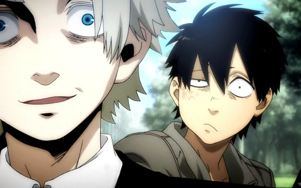 HD desktop wallpaper featuring two animated characters, one smiling with white hair, the other with a serious expression and black hair. Tagged Gangsta.