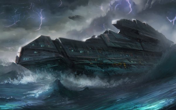 Sci Fi Spaceship Storm Lightning Ocean Wave HD Wallpaper | Background Image