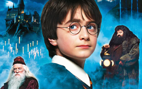 HD wallpaper featuring scenes from Harry Potter and the Philosopher's Stone, showcasing Harry Potter with Dumbledore, Hagrid, and the magical backdrop of Hogwarts.