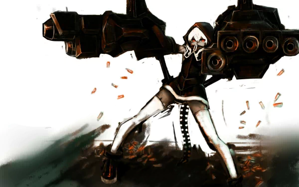 Anime-style HD desktop wallpaper of Strength from Black Rock Shooter, featuring white-haired character with red eyes, wearing shorts and hoodie, wielding large guns firing bullets.