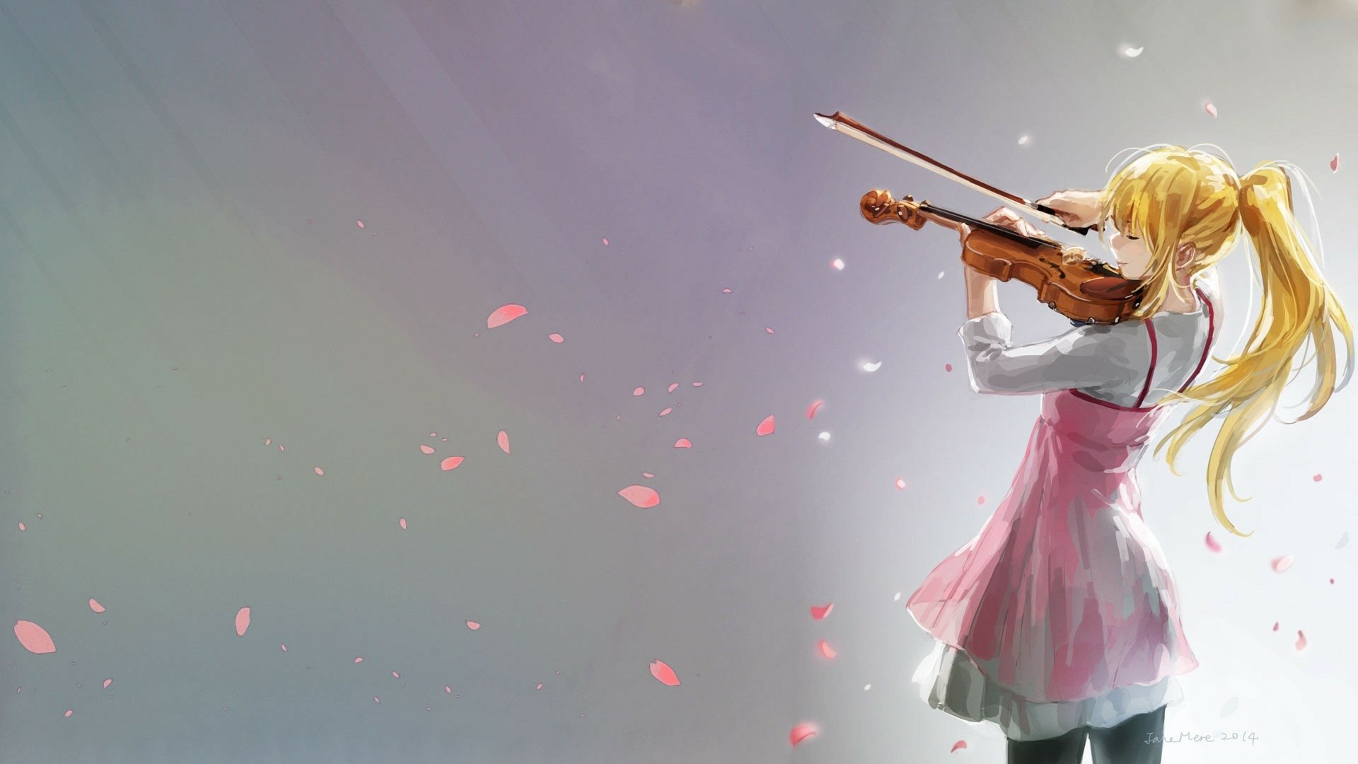 A blonde girl with long hair plays the violin, surrounded by falling petals. This HD wallpaper features Kaori Miyazono from the anime Your Lie in April.