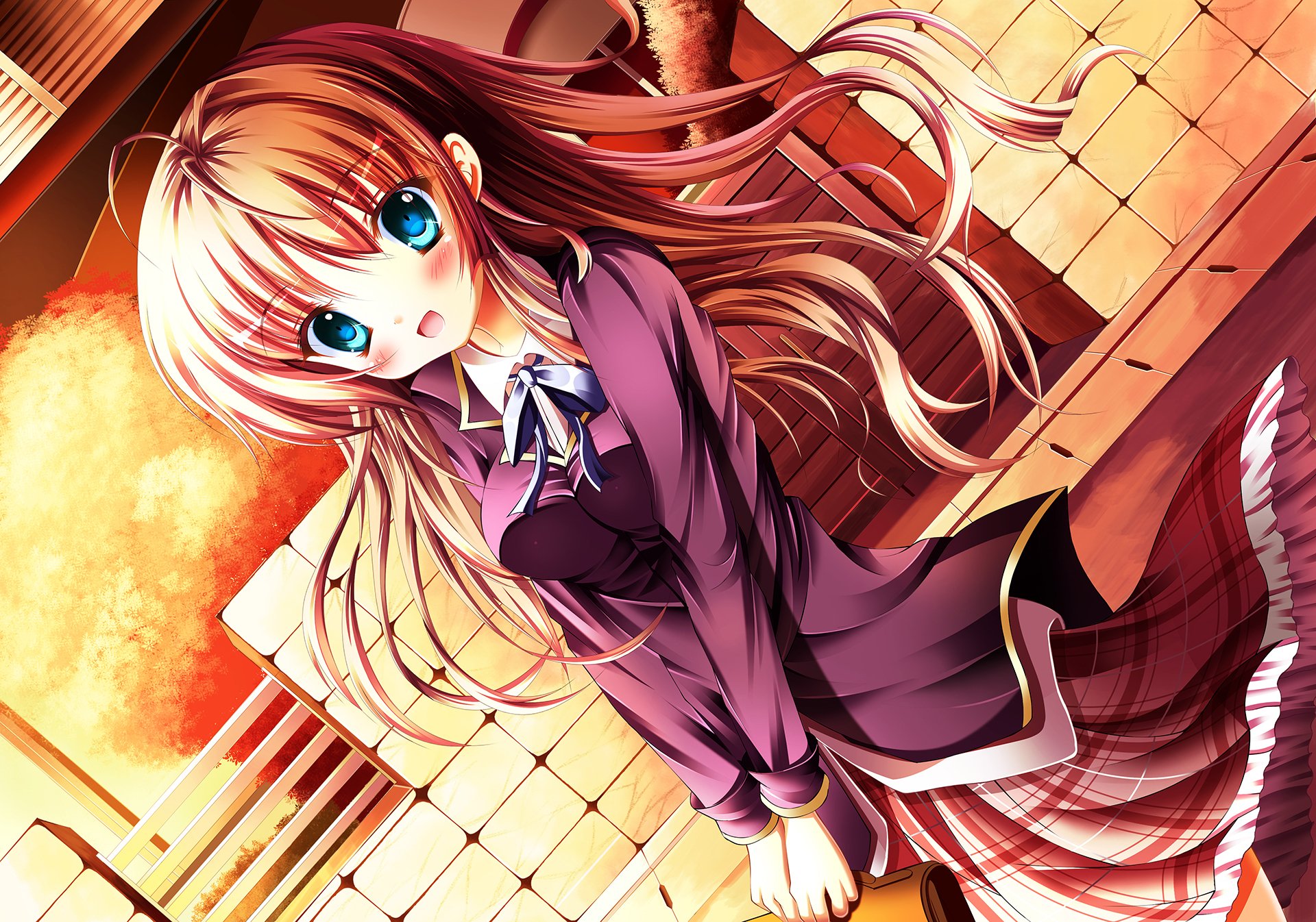 A vibrant anime character with long brown hair, blue eyes, and a smile wears a school uniform adorned with a bow, set against a warm, colorful background.