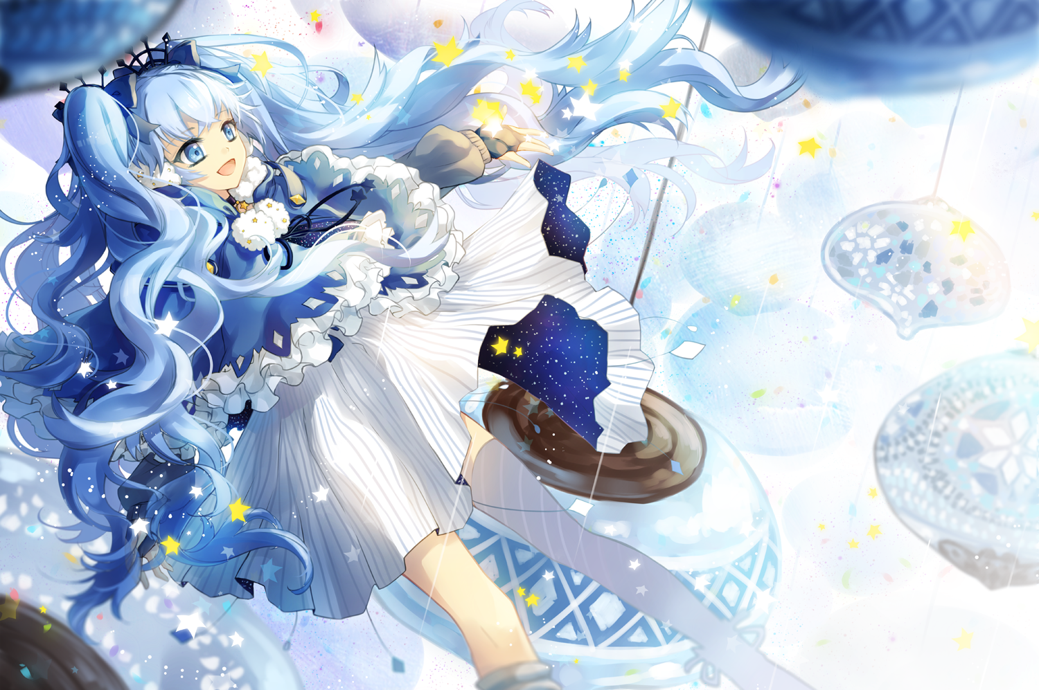 A vibrant HD wallpaper featuring Fuyu no Yoru Miku, showcasing her iconic blue hair, blue eyes, and twintails, adorned in a graceful cape against a dreamy background.