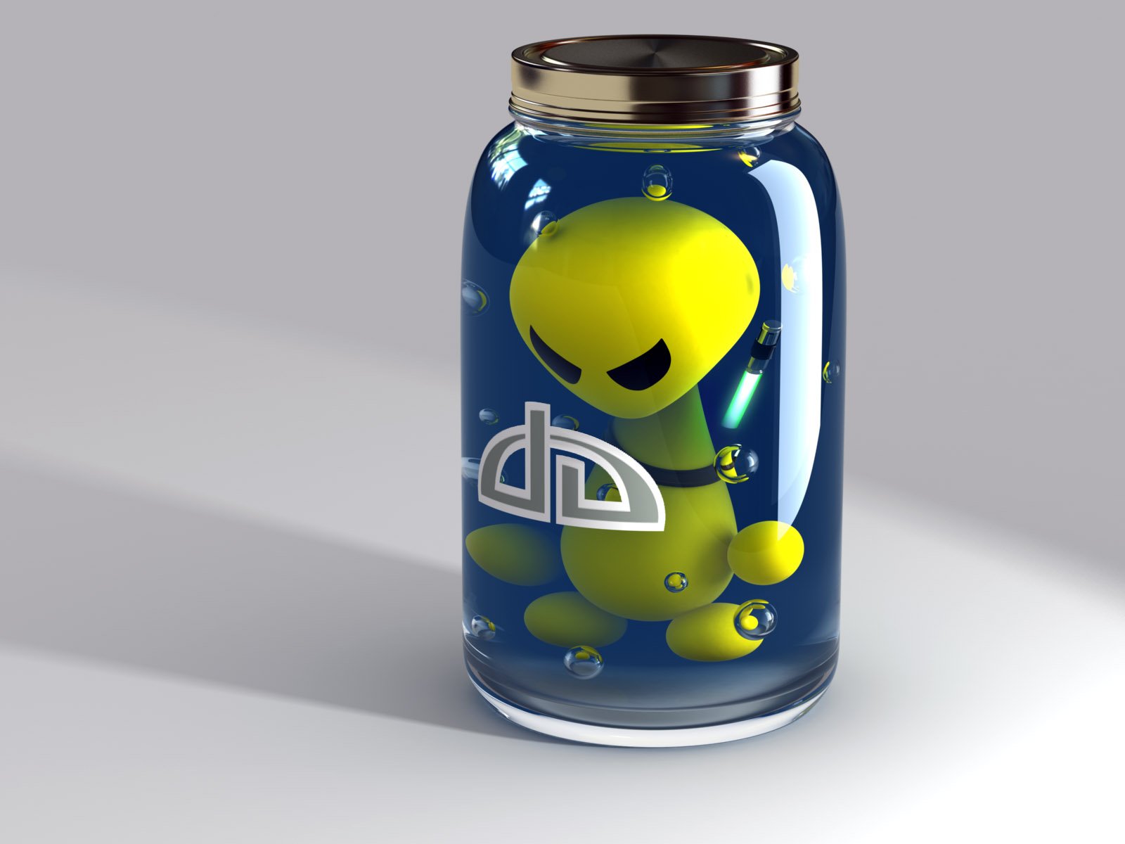 Artistic digital art of a yellow character curled up inside a glass jar, rendered in high definition as a PC desktop wallpaper and background.