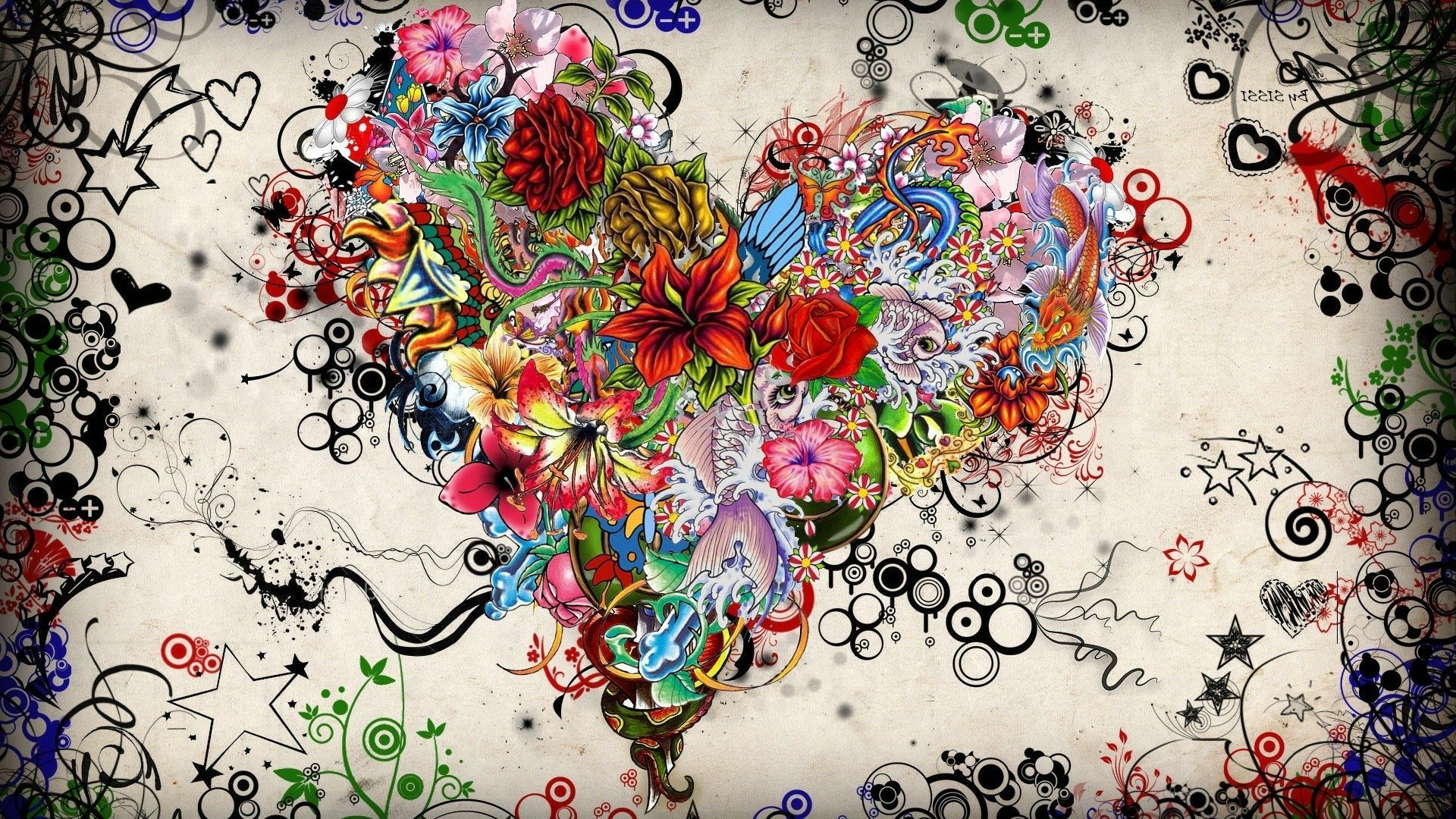Colorful artistic drawing of a heart-shaped bouquet of flowers, blending vibrant Valentine’s Day and love-themed elements on an HD PC desktop wallpaper background.