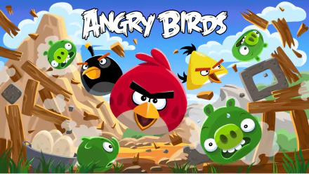 HD desktop wallpaper and background featuring characters from the video game Angry Birds, including Red, Chuck, Bomb, and several green pigs, set against a backdrop of destructed wooden structures.